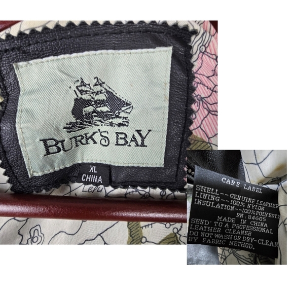 BURKS BAY Genuine Leather Bomber Jacket Map Print inside Embroidered Black Wm XL - Picture 16 of 16